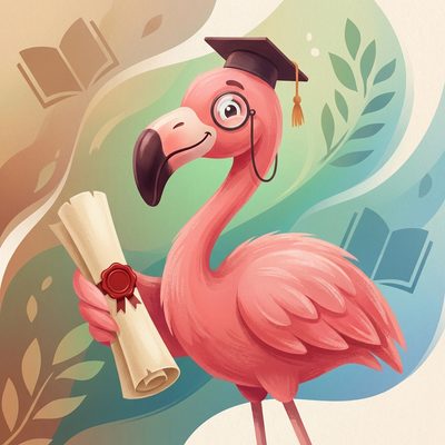 Flamingua mascot with diploma — pass the Goethe A1 exam