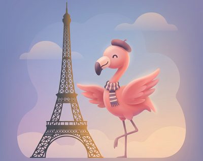Flamingua mascot at Eiffel Tower — pass the DELF A1 exam