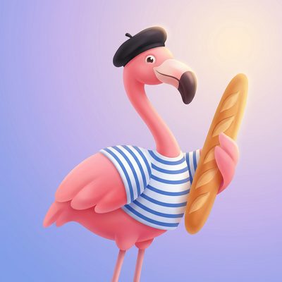 Flamingua mascot in Paris — French basic verbs guide