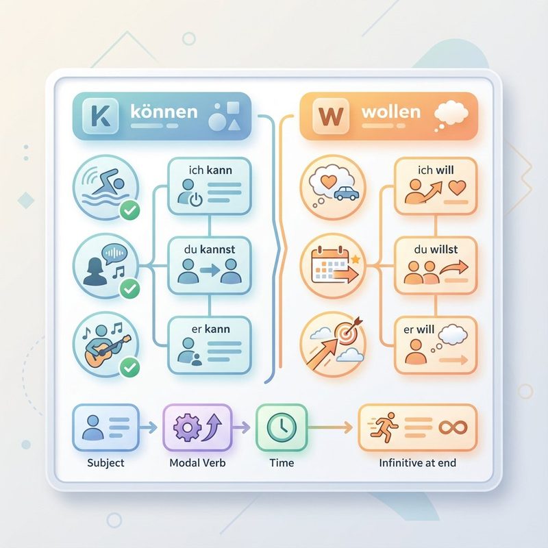 German modal verbs conjugation chart: können, wollen, müssen, dürfen, sollen