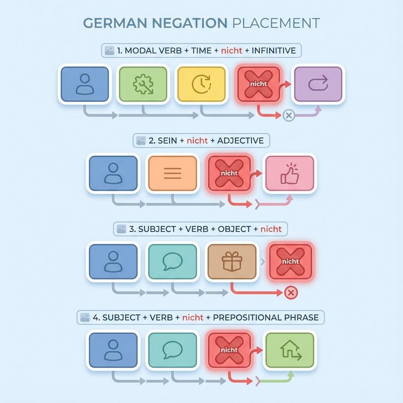 German negation placement rules: nicht position in four sentence types